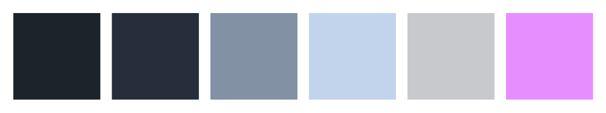 A color palette of six color squares. Colors from left to right are: almost black dark blue, dark blue, grey blue, light blue, light grey and pink.