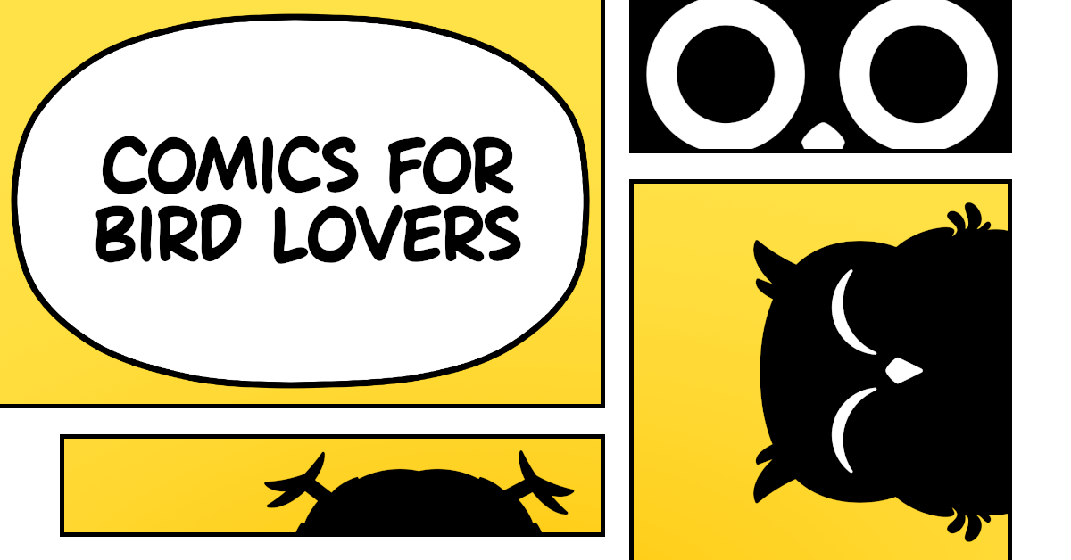 Cartoon owl in three poses inside comic panels: staring, smiling and leg up in the air. Text: Comics for bird lovers.