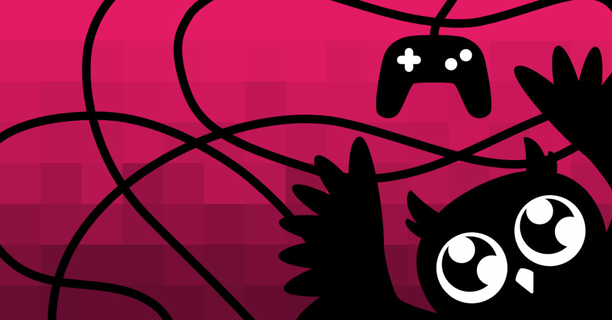 Cartoon owl holding up a pixelated weired controller. Pixelated red background.